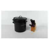 Cookware, enameled canning pot (9"h) and knife