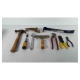 Tools, includes hammer, wrench, pry bar, wire