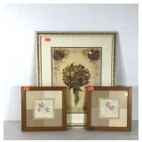 Trio of framed pictures, pair of leaf prints
