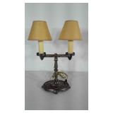 Two head lamp with cast metal base. Stands 18"