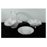 Milk glass, includes ruffled hobnail basket and