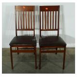 Two folding chairs, vinyl seats, high back, wear