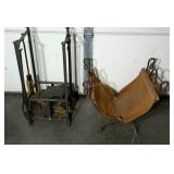 Fireplace set, wrought iron, leather sling,