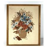 Crewel needlework fall flower arrangement, framed