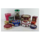 Group of tins, mostly Christmas tins