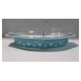 Pyrex turquoise and white snowflake divided