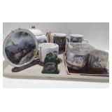 Tray lot of Thomas Kinkade teapot, cups and