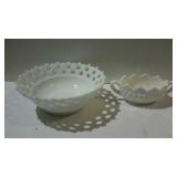 Two milk glass bowls, one small Fenton hobnail