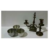 Three pewter Jefferson cups and two brass