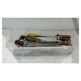 Tupper ware full of tools, includes wrenches,
