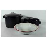 Enamelware, includes bowl, roasting pan with lid