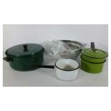 Enamel pots and pans and three piece colander