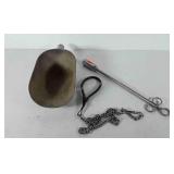 Farming tools, includes feed scoop (has a crack,