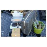 Skid lot: suitcase, kitchenwares, clock, jars,