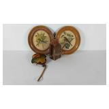 Two bird pictures, wooden candleholder and