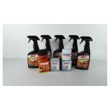 Five bottles of fireplace cleaner and three oil