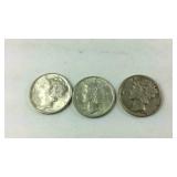 Three 1945 Mercury Dime "w"