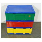 Colorful plastic storage bins, three drawers, 25"