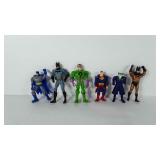 Six action figures, super heroes and villains,