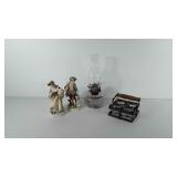 Mixed group, includes glass oil lamp, two ceramic
