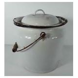 Enameled chamber pot with wooden handle, 11" h,
