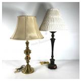 Table lamps with shades, brass stands 29" and