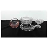 Glassware, includes tri-footed bowl with damage,