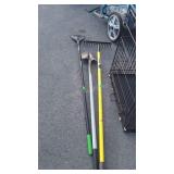 3 long-handled tools, Stanley rake, Blue Hawk