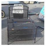 3 piece lot two metal shoe racks and a fireplace