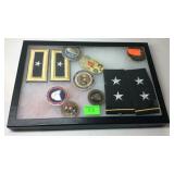 Display with military coins and patches