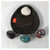 Cast iron dish, shell compact and three ceramic