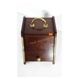 Wooden coal scuttle with brass handle, knob and