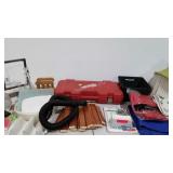 Lampshades, cloth napkins, office supplies, empty