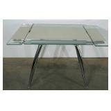 Glass top dining table with silver legs, 33" x
