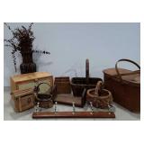 Baskets and woodenware, breadbox, book stand,