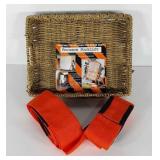Forearm forklift straps in woven basket tray