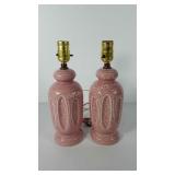 Pink ceramic lamps with splatter design, 12 1/2"
