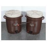 Two Rubbermaid 10 Gallon Water Cooler Dispensers.
