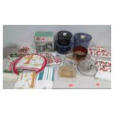 Vacuum  food storage, tea towel wall hangings,