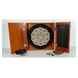 Dart board in wooden hanging cabinet with 5