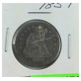 1857 seated liberty quarter holed