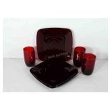 Glassware, three ruby red tumblers and three ruby