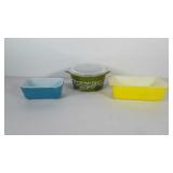 Pyrex, includes blue loaf pan, yellow loaf pan,