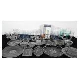 Cut / etched glass lot: serving dishes, vases,