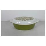 Pyrex casserole dish, olive green with cherry
