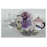 Purple home decor group: vases, birdhouse teapot
