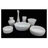 Hobnail milk glass items, includes bowls, vase,