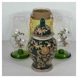 Home decor group, includes green glass jar