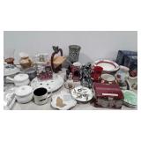 Home decor, platters, pitcher, soup mugs, bell,