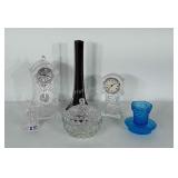 Glass decor: 2 Godinger crystal clocks, black art